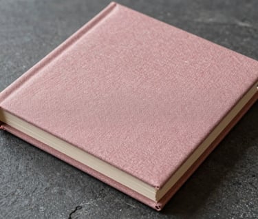 Macro photography of an elegant linen wedding album cover in a dusty rose color, resting on a dark grey stone surface, soft natural side lighting.
