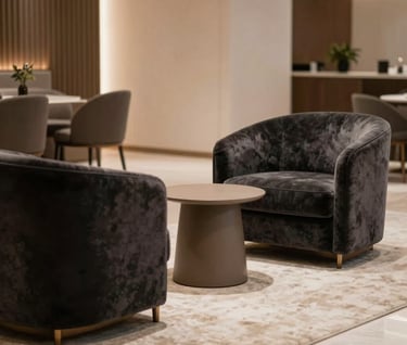 A high-end Brazilian executive lounge area featuring charcoal velvet armchairs, off-white rugs, and a taupe side table. Soft, warm architectural lighting highlights the refined design.