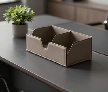 A close-up photograph of elegant office details, featuring a charcoal-colored designer desk, a taupe leather organizer, and a small potted plant. The composition is clean and modern, conveying a sense of high-end professionalism.
