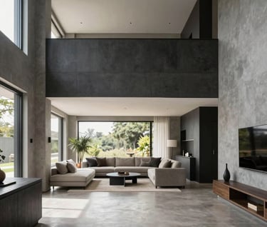 Wide-angle architectural shot of an open-concept living space, blending greige walls with charcoal accents, clean lines, sophisticated South American interior design, bright natural light.