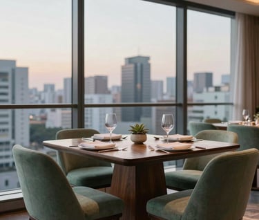 A sophisticated dining area in a Brazilian high-rise, featuring a dark wood table, sage green upholstered chairs, and a floor-to-ceiling window showing a soft-focus urban skyline at dusk.