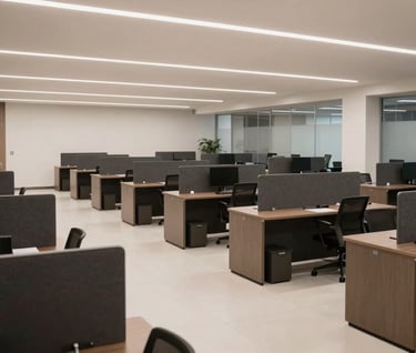 A wide-angle interior photograph of an open-plan office in Brazil. The space features clean charcoal partitions, taupe furniture, and off-white flooring. The atmosphere is quiet, productive, and contemporary.