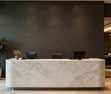 A luxury reception area in a corporate building in Brazil. The scene features a sleek front desk made of off-white marble against a charcoal background. The lighting is warm and indirect, creating a sophisticated and professional South American architectural vibe.