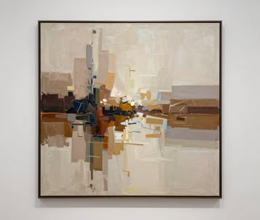 A high-end photograph of an abstract landscape painting displayed in a minimalist gallery setting. The painting features vibrant strokes of muted brown and warm taupe on a soft off-white background. The lighting is focused and clean.