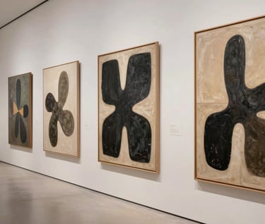 A wide-angle, cinematic photograph of an art gallery wall. Several abstract canvases hang, each featuring organic shapes and soulful textures in a mix of dark charcoal and warm sand. The flooring is a light off-white, reflecting the gallery's serene atmosphere.
