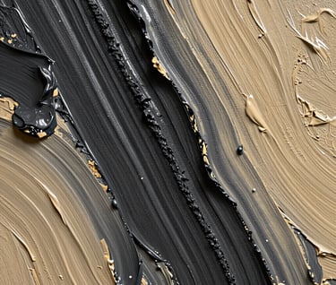 Detailed photography of oil paint texture on a canvas, showing ridges of dark charcoal and warm sand colors. The lighting is dramatic, highlighting the sculptural quality of the paint strokes.