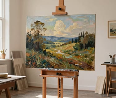 A wide photography shot of an artist's workspace. A large finished painting of a natural landscape sits on an easel. The room is filled with warm sunlight, featuring a soft sand and off-white color scheme.