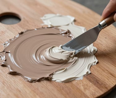 Macro photography of an artist's wooden palette. Patches of fresh oil paint in warm taupe and soft off-white are being mixed with a palette knife. The texture is creamy and rich, reflecting the soulful and organic elegance of the brand.
