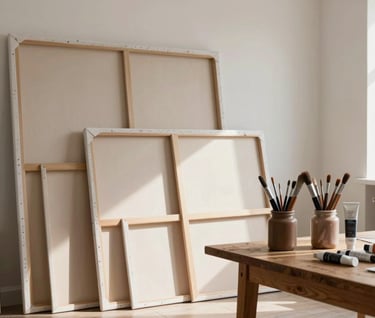 A professional interior photograph of an artist's studio. Large canvases are leaned against soft off-white walls. Natural light floods the room, casting gentle shadows. A wooden table holds jars of brushes and tubes of paint in muted brown and warm taupe tones.