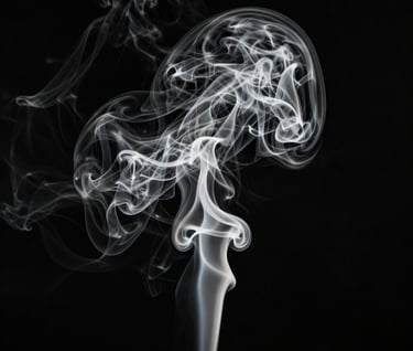 A minimalist, artistic shot of a digital smoke explosion. The smoke plumes are detailed and wispy in Platinum Silk tones against a stark Deep Obsidian Black background, representing advanced VFX simulations.