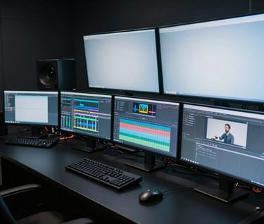 A wide shot of a professional editing suite in a dark room. Multiple monitors glow with polar mist light, reflecting off obsidian black surfaces. The vibe is sophisticated and professional.