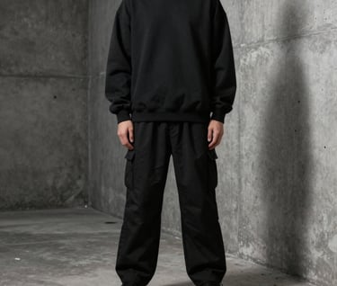 A fashion portrait of a person in high-end black streetwear standing in a concrete alley, dramatic side lighting, charcoal and soft mist palette, minimalist and bold.