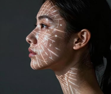 A side profile of a person with digital light patterns projected onto their skin. The patterns are geometric and sharp in steel slate. The composition is minimal, focusing on the intersection of human skin and digital light in a dark charcoal environment.