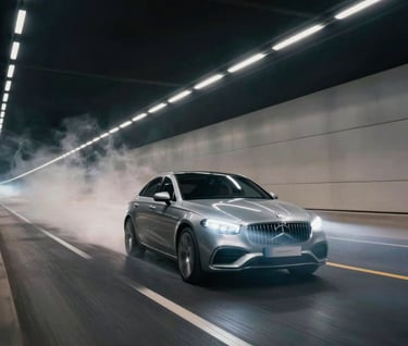 Dynamic motion blur shot of a luxury vehicle speeding through a tunnel, light trails in polar mist against a midnight slate background. Edgy and fast-paced.