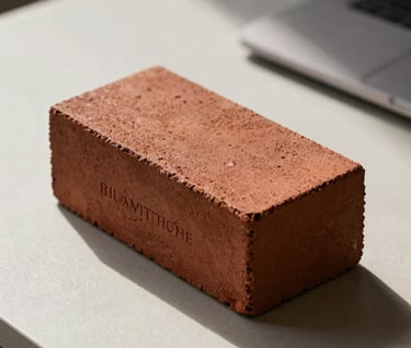 Detail of a branded Blumattone brick sitting on a minimalist desk. Strong shadow, rust-colored accent (#C1674E) on the brick, sophisticated and bold.