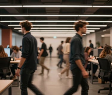 Dynamic motion blur shot of people moving through a workspace. High energy, dark tones with rust-colored (#C1674E) light streaks. Irreverent and modern feel.