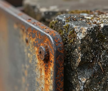 Macro shot of weathered industrial materials, focusing on the texture of rusted steel (#C1674E) meeting dark mossy stone (#6B705C). Cinematic lighting, shallow depth of field, sharp detail.