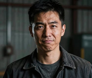 Portrait of a professional looking directly into the camera with an irreverent, bold expression. Harsh lighting, high contrast, industrial background. Mood is 'in-the-trenches'.