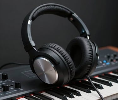 A moody studio shot featuring premium headphones and a synthesisers. Low-key lighting with #2C2D3B shadows and #E0E0EB highlights on the hardware edges. Reflects a sophisticated production aesthetic.
