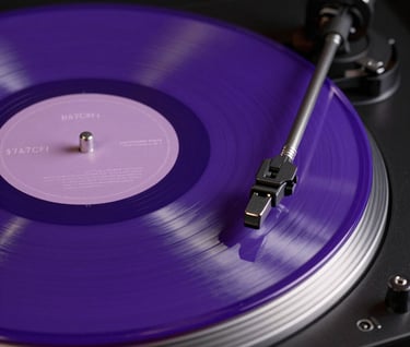 A close-up shot of a translucent vinyl record in #7A7CF1 purple, spinning on a sleek black turntable. Metallic #E0E0EB accents reflect the studio lighting. Sophisticated and modern.