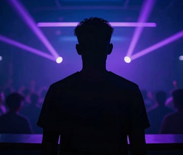 A silhouette portrait of NICKY AWAKE behind the decks in a dark club. The background is washed in a deep #2C2D3B blue with sharp #7A7CF1 purple strobe lights cutting through the atmosphere. Energetic and professional.