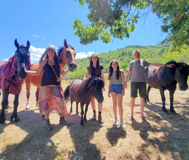a portait of a family standing around a group of horses in on mountain meadow 