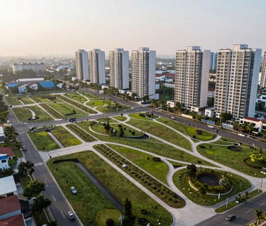 A wide-angle landscape photograph of an Indonesian urban residential area featuring integrated green spaces and infiltration systems. Soft morning light, clean and modern infrastructure, showcasing a successful civil engineering project.