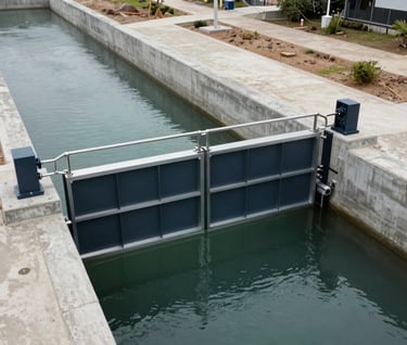 A high-angle architectural shot of a newly installed steel water control gate within a clean concrete canal. The water is calm, and the surrounding environment is a tidy, modern infrastructure site in Southeast Asia. Professional, minimalist aesthetic with deep navy and silver accents.
