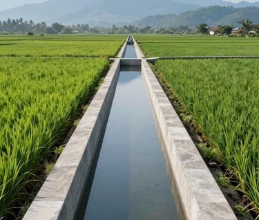 A stunning wide-angle photograph of an extensive irrigation canal system cutting through vibrant green rice fields in rural Southeast Asian / Indonesian landscape. The concrete channels are clean, modern, and geometrically precise, leading towards misty blue mountains under a bright, clear sky. Minimalist and professional composition.