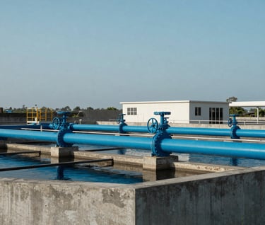 Modern infrastructure photography of a water treatment facility featuring blue steel pipes and concrete structures, minimalist composition under a clear sky in a Southeast Asian / Indonesian setting.