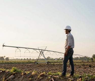 A professional civil engineer in a white hard hat standing beside a modern irrigation structure in a rural Indonesian setting. The composition is clean with plenty of white space, captured during the golden hour with soft, elegant lighting.