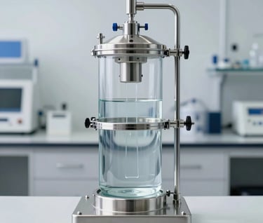 A crisp, detailed photograph of a clean water filtration prototype made of stainless steel and glass. The device is showcased in a high-tech Indonesian laboratory with soft, clean lighting and a minimalist background of white and slate grey tones, representing innovation in technology konstruksi air.