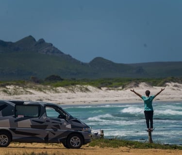 a person standing on a beach with a van