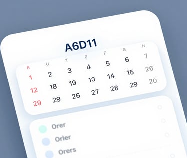 A close-up view of a clean, modern UI interface showing a calendar and order list with soft rounded corners and pastel accents in #A6D1FF. High clarity and efficient design.