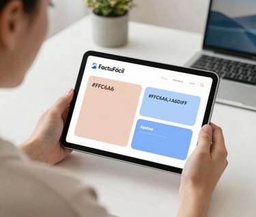 A lifestyle shot of a happy freelancer using a digital tablet in a bright studio. The screen shows the FactuFácil app with its signature pastel palette of #FFC6A6 and #A6D1FF. The atmosphere is warm, human, and professional.
