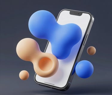 A 3D render of abstract organic shapes in #A6D1FF and #FFC6A6 floating around a mobile phone, representing the hybrid physical-digital nature of the project.