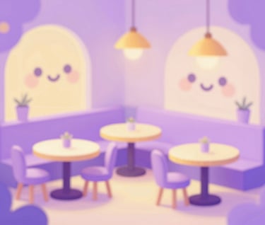 A digital illustration of a joyful restaurant scene with simplified, rounded character designs and organic shapes. Palette uses soft lavenders and yellows for a magical, sensitive atmosphere.