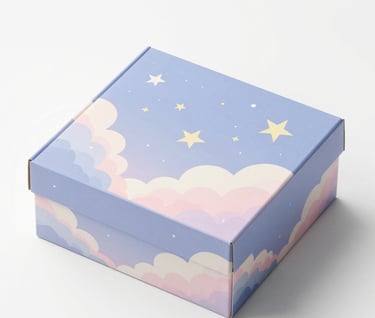 A clean mockup of the final product packaging: a beautiful box with rounded edges and pastel illustrations of stars and clouds, looking like a magical gift.