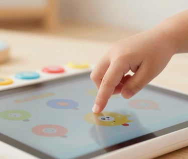 A close-up of a child's hand moving a physical toy over a tablet screen, showing the interaction between the two mediums. Warm, expressive lighting with a pastel color palette.