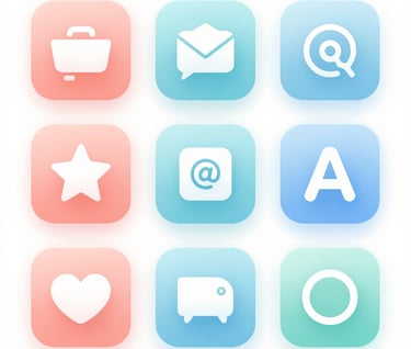 Detail of custom-designed icons for an educational app, featuring soft rounded edges and pastel gradients of #FFC6A6 and #A6D1FF on a clean #FFF9F7 surface.