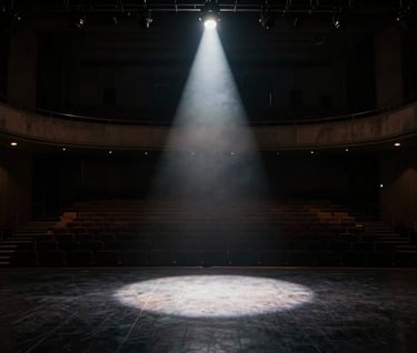 A powerful, moody photograph of an empty auditorium stage in a North American music venue. A single crisp spotlight cuts through a faint haze, hitting the floor. The composition uses deep black shadows and charcoal tones to evoke an emotionally powerful, cinematic mood.