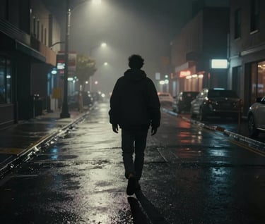 A wide, cinematic shot of a lone figure walking down a foggy, neon-lit North American street at night. The colors are dominated by deep black and charcoal with subtle off-white reflections on wet pavement, capturing a professional, artistic music video aesthetic.