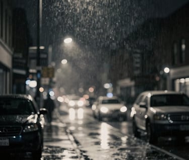 An atmospheric, out-of-focus shot of street lights in a rainy North American city at night. Cinematic bokeh in shades of gray and off-white against a deep black background.