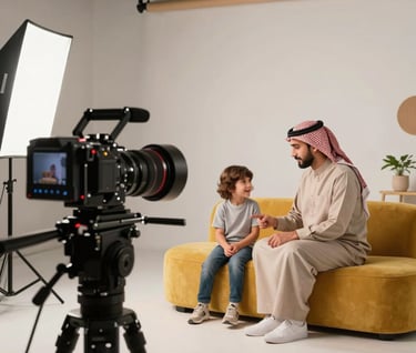 Behind the scenes of a 360 video shoot for a child's birthday in a modern studio. The equipment is sleek and professional. The scene shows a warm interaction between parent and child in a Middle Eastern / Turkish setting with mustard yellow decor elements.
