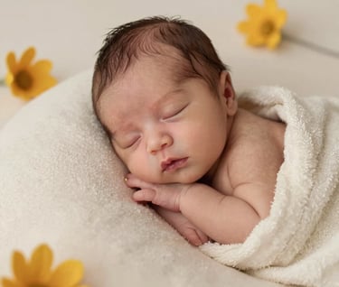 A candid and warm portrait of a Middle Eastern / Turkish newborn baby sleeping peacefully on a cream-colored soft wool blanket. Minimalist and clean studio setting with soft natural light and mustard yellow floral details.