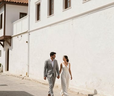 A wide-angle photography shot of a Middle Eastern / Turkish couple walking through a sun-drenched, narrow Bodrum street with iconic white walls. The groom is in a light grey suit, the bride in a minimal white dress. Warm, high-contrast daylight.