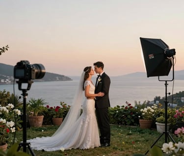 A wedding couple in elegant attire sharing a moment during a video shoot in a coastal Bodrum garden, Middle Eastern / Turkish setting, sunset lighting, romantic and airy atmosphere, professional lighting, minimal composition.