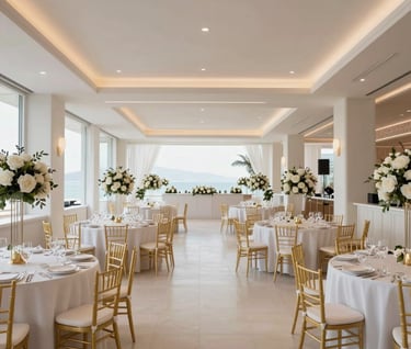 A wide-angle interior shot of a luxury event space in Bodrum during a celebration, bright and airy, minimalist decor with off-white and gold accents, high resolution, capturing the immersive 360 environment feel.