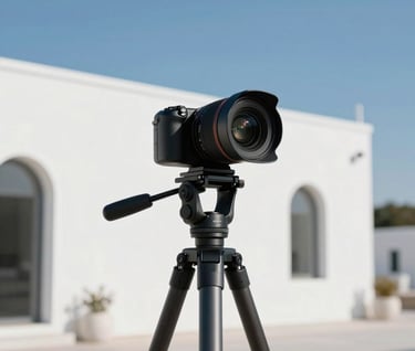 A minimalist photography prompt focusing on a 360-degree camera setup on a sleek tripod against a backdrop of white Bodrum-style architecture and a clear blue sky. Professional, modern, and high-tech feel.