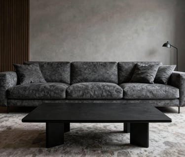 A high-end interior shot of a living room in a South American / Brazilian luxury apartment. It features a charcoal grey designer sofa and a minimalist black coffee table. The lighting is soft and moody, emphasizing the high-end materials and negative space in the room.